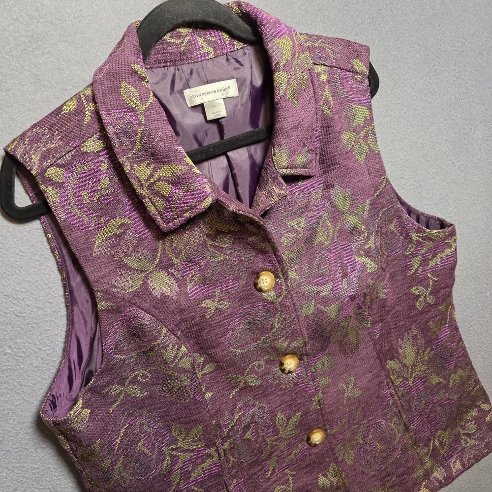 Christopher & Banks Womens Purple Floral Tapestry Vest XL Sleeveless Jacket 3363